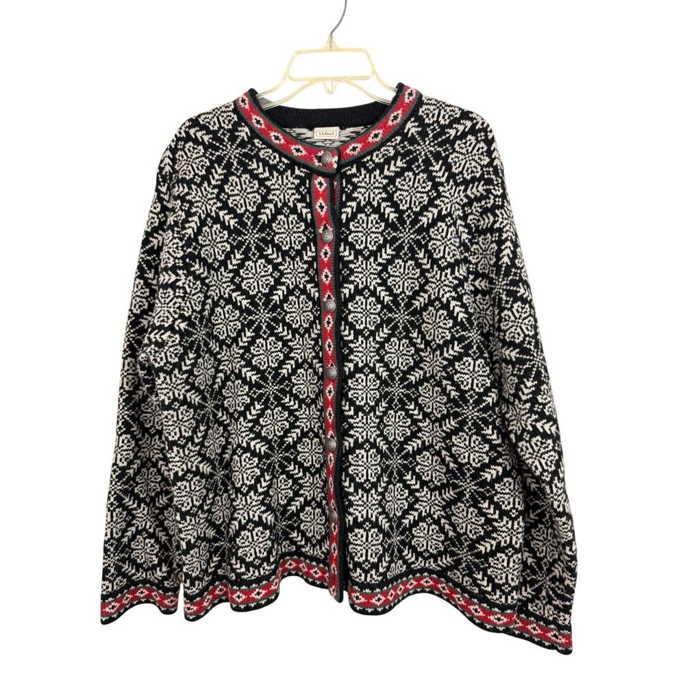 L.L. Bean VTG Merino Lambswool Fair Isle Button Cardigan Sweater Womens Sz 2XL